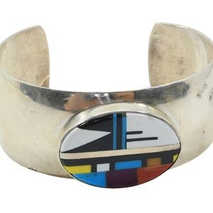 Sterling Silver Zuni Cuff Bracelet Inlay Medallion marked "JT" Santo Domingo
